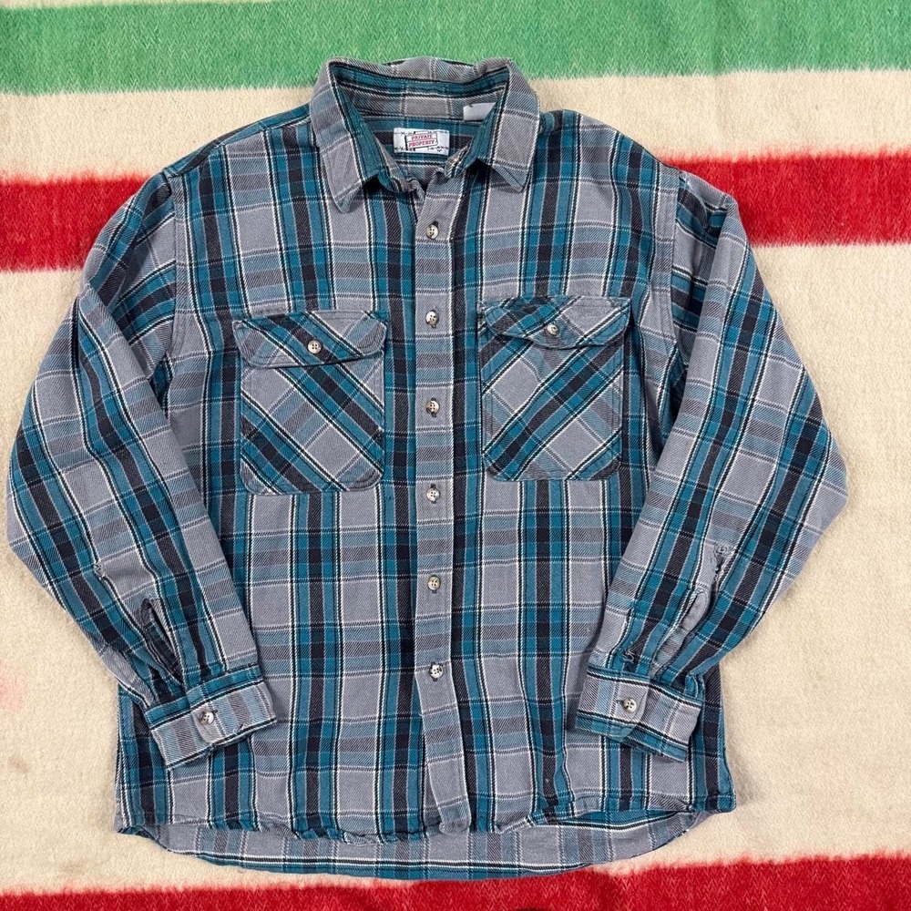 Vintage Private Property Made in USA Cotton Flannel Shirt XL Blue Plaid 80s